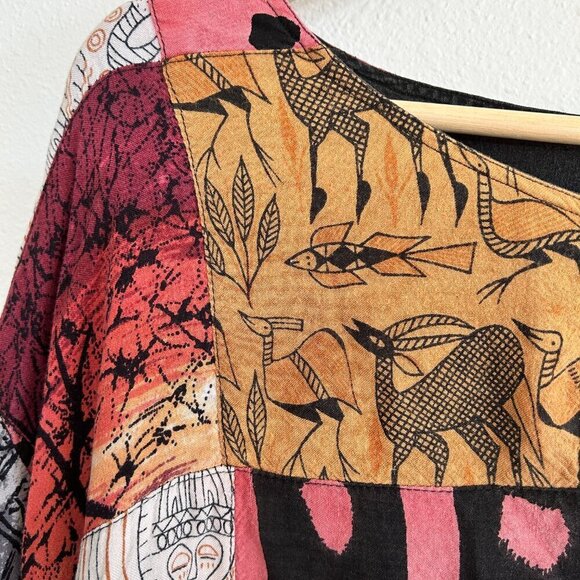 Ashro Top Ethnic Patchwork 3/4 Bat Sleeve Shirt Dbl Cloth Rayon Cotton - Picture 3 of 10